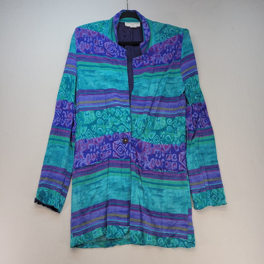 Casual Corner Blazer VTG Dress Women M Teal Purple Abstract Shoulder Pads